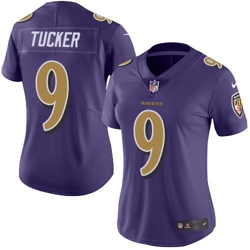 Nike Ravens #9 Justin Tucker Purple Women's Stitched NFL Limited Rush Jersey - Click Image to Close